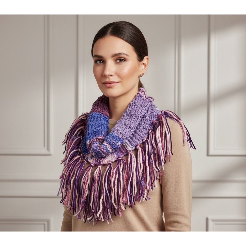NEW Hand Knit Purple Pink Boho Cowl Scarf Fringe Cottage Whimsy Indie Artsy Chic